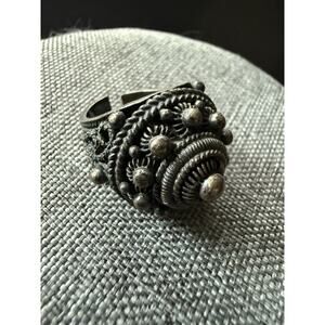 Vintage Sterling Silver Domed Cannetille Ring Brutalist Adjustable Ethnic Boho